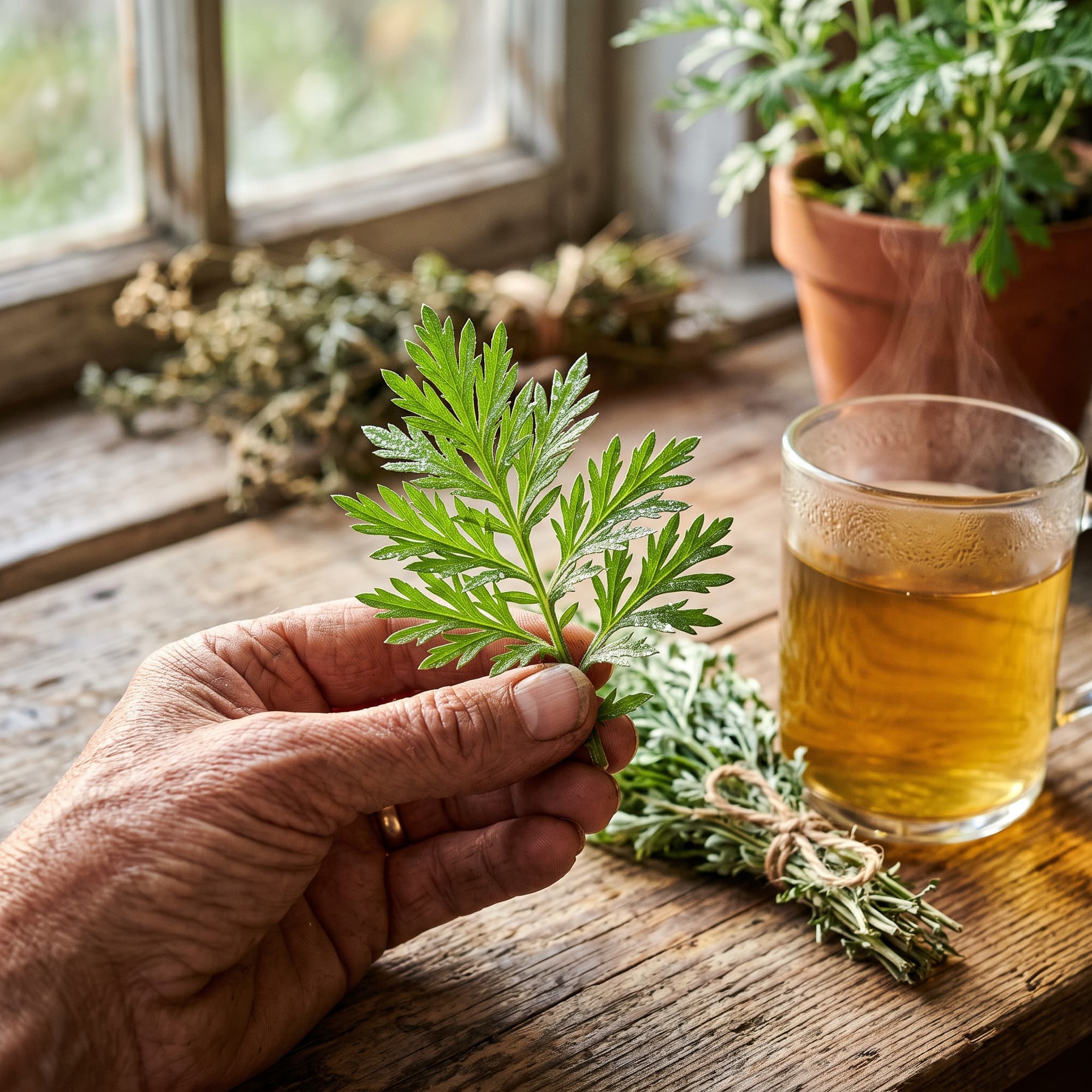 Hand hält einen frischen Artemisia-Zweig neben getrockneten Kräutern und Kräutertee