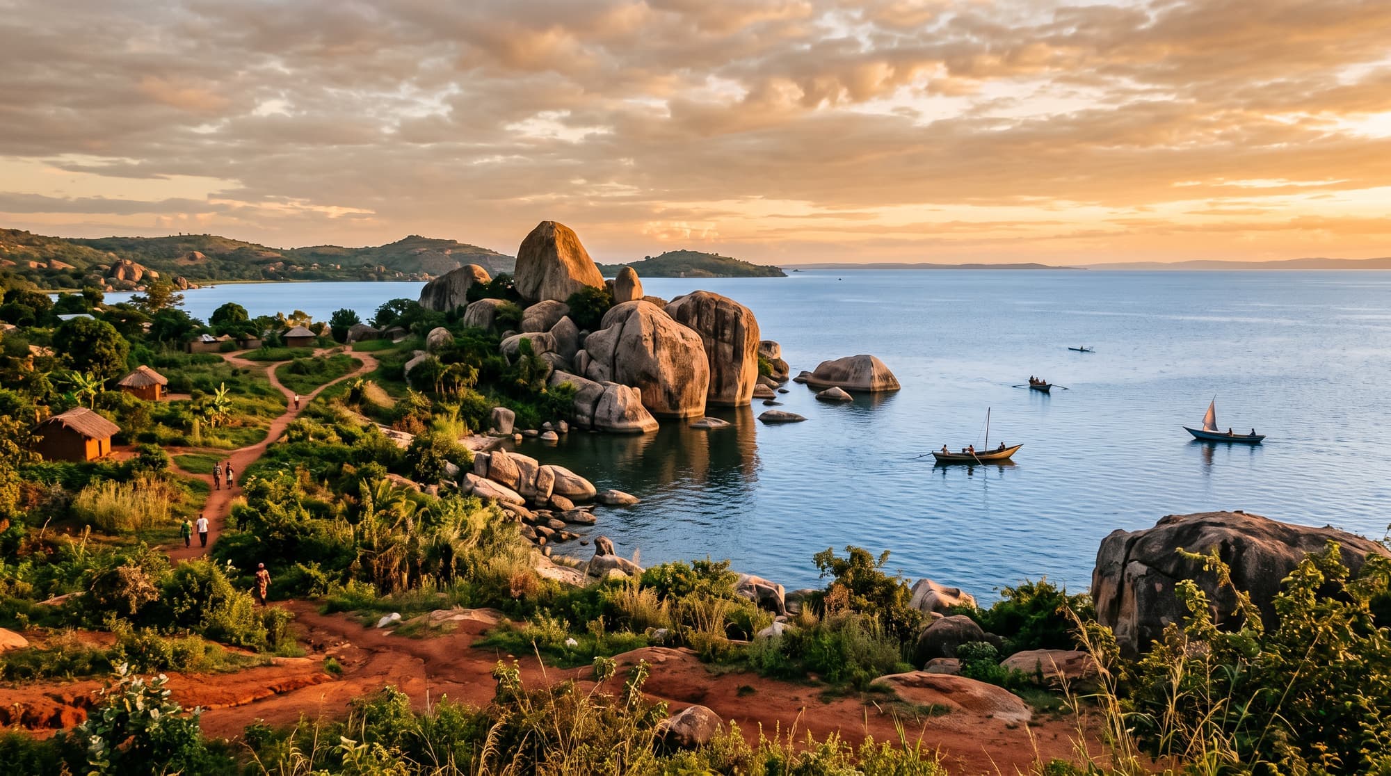Mwanza am Viktoriasee mit Granitfelsen und Fischerbooten im Abendlicht